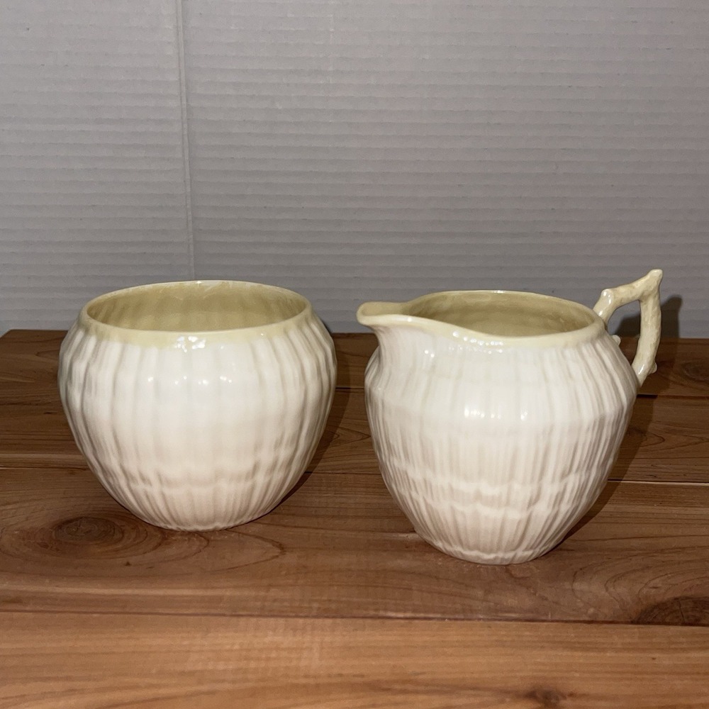 Belleek Limpet Open Sugar Bowl and Creamer Yellow Luster 8 Oz Cream 1 Cup Bowl